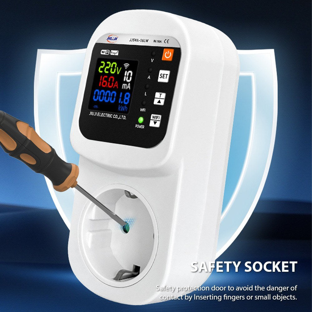 Smart WiFi Socket 16A with LCD Display, Overload Protection & Automatic Reset, Digital Wattmeter & Power Meter, AC 140-300V Voltage & Current Protector for Home Use