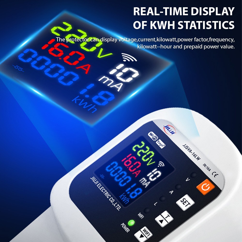 Smart WiFi Socket 16A with LCD Display, Overload Protection & Automatic Reset, Digital Wattmeter & Power Meter, AC 140-300V Voltage & Current Protector for Home Use