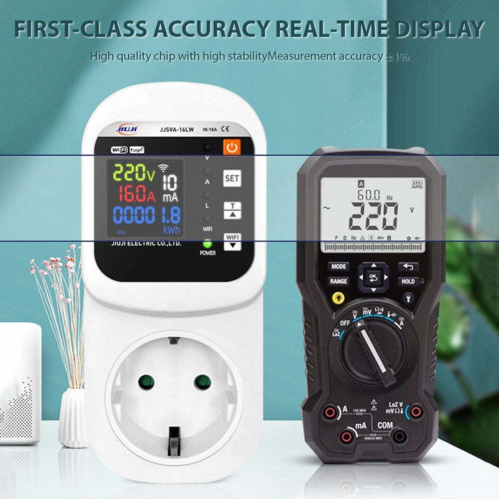 Smart WiFi Socket 16A with LCD Display, Overload Protection & Automatic Reset, Digital Wattmeter & Power Meter, AC 140-300V Voltage & Current Protector for Home Use
