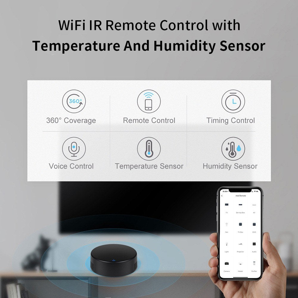 WiFi Smart IR Remote Control with Temperature & Humidity Sensor for TV/AC, Real-Time Monitoring & Automation, Compatible with Alexa/Google Home