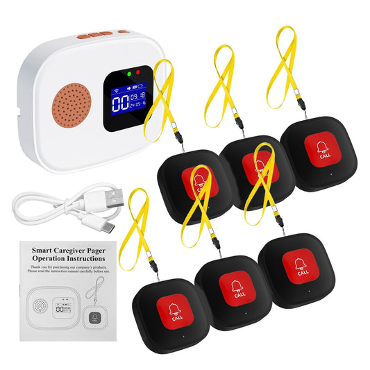 Caregiver Pager System: WiFi Wireless Call Button for Elderly Monitoring, App Remote Control, LCD Display, 1 Receiver & 6 SOS Buttons (2.4GHz Wi-Fi Only)