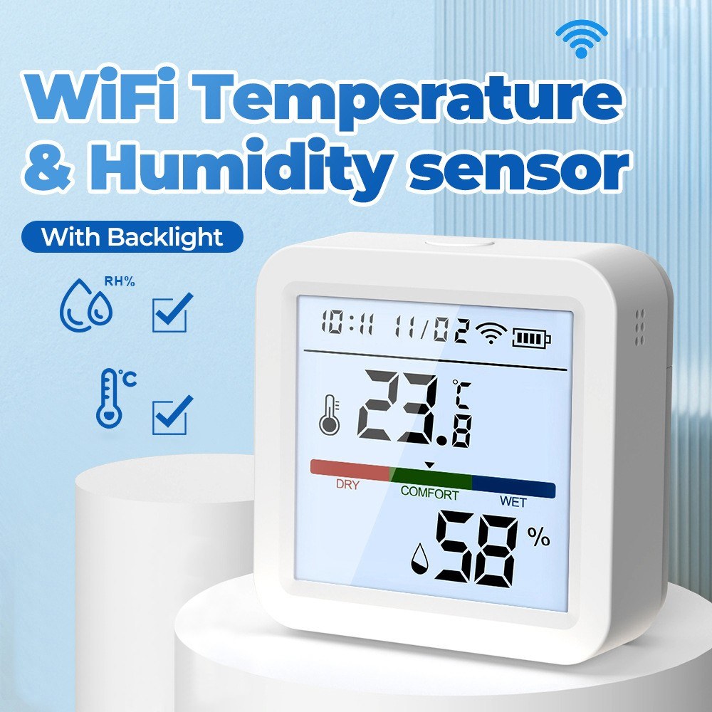 Smart WiFi Thermometer Hygrometer with LCD Backlight & Detachable Stand for Home, Greenhouse, Garage - Real-time Temperature & Humidity Monitoring