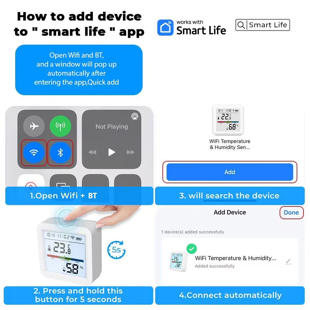 Smart WiFi Thermometer Hygrometer with LCD Backlight & Detachable Stand for Home, Greenhouse, Garage - Real-time Temperature & Humidity Monitoring