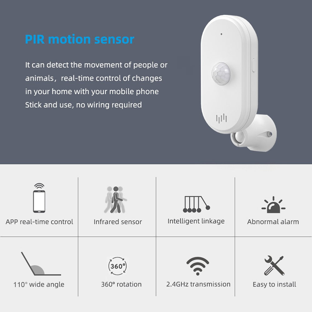 Adjustable WiFi PIR Motion Sensor with 4 Alarm Modes and App Alerts for Home/Office Security