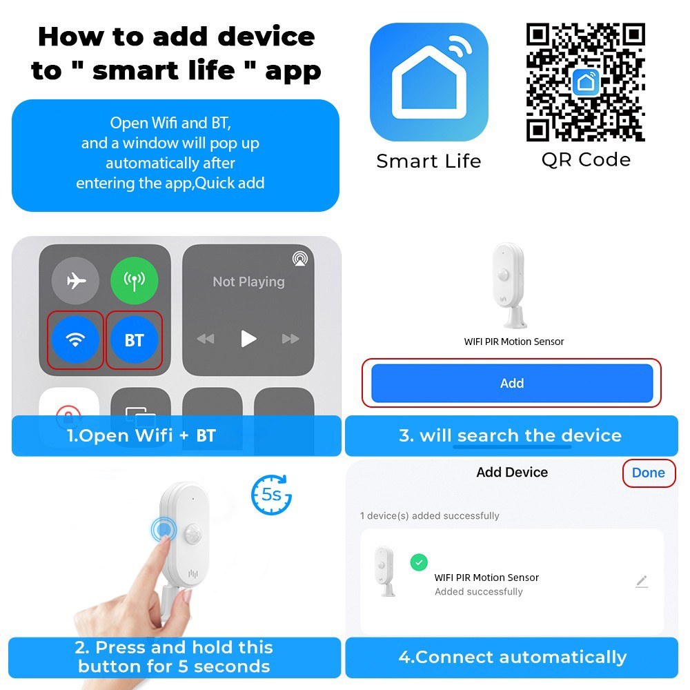 Adjustable WiFi PIR Motion Sensor with 4 Alarm Modes and App Alerts for Home/Office Security