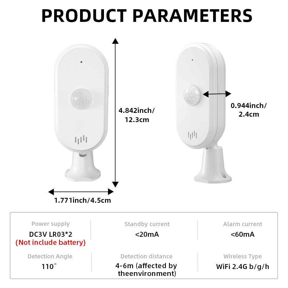 Adjustable WiFi PIR Motion Sensor with 4 Alarm Modes and App Alerts for Home/Office Security