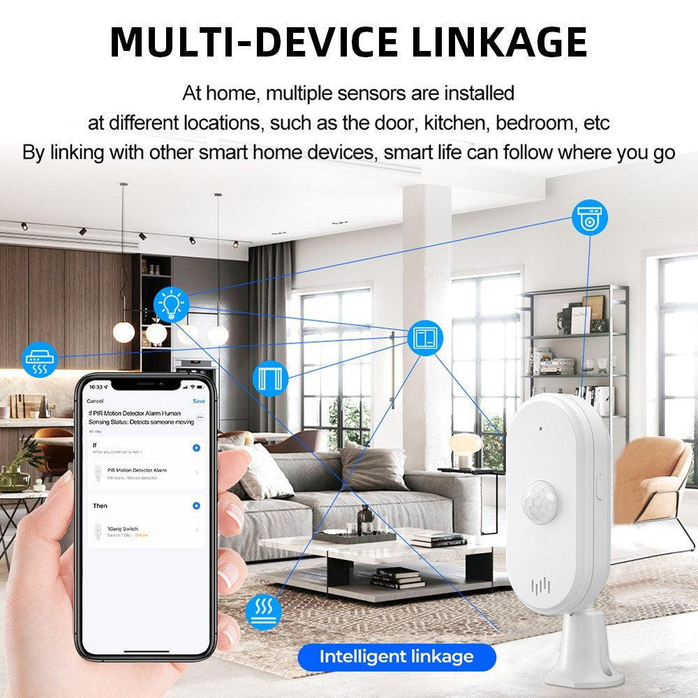 Adjustable WiFi PIR Motion Sensor with 4 Alarm Modes and App Alerts for Home/Office Security