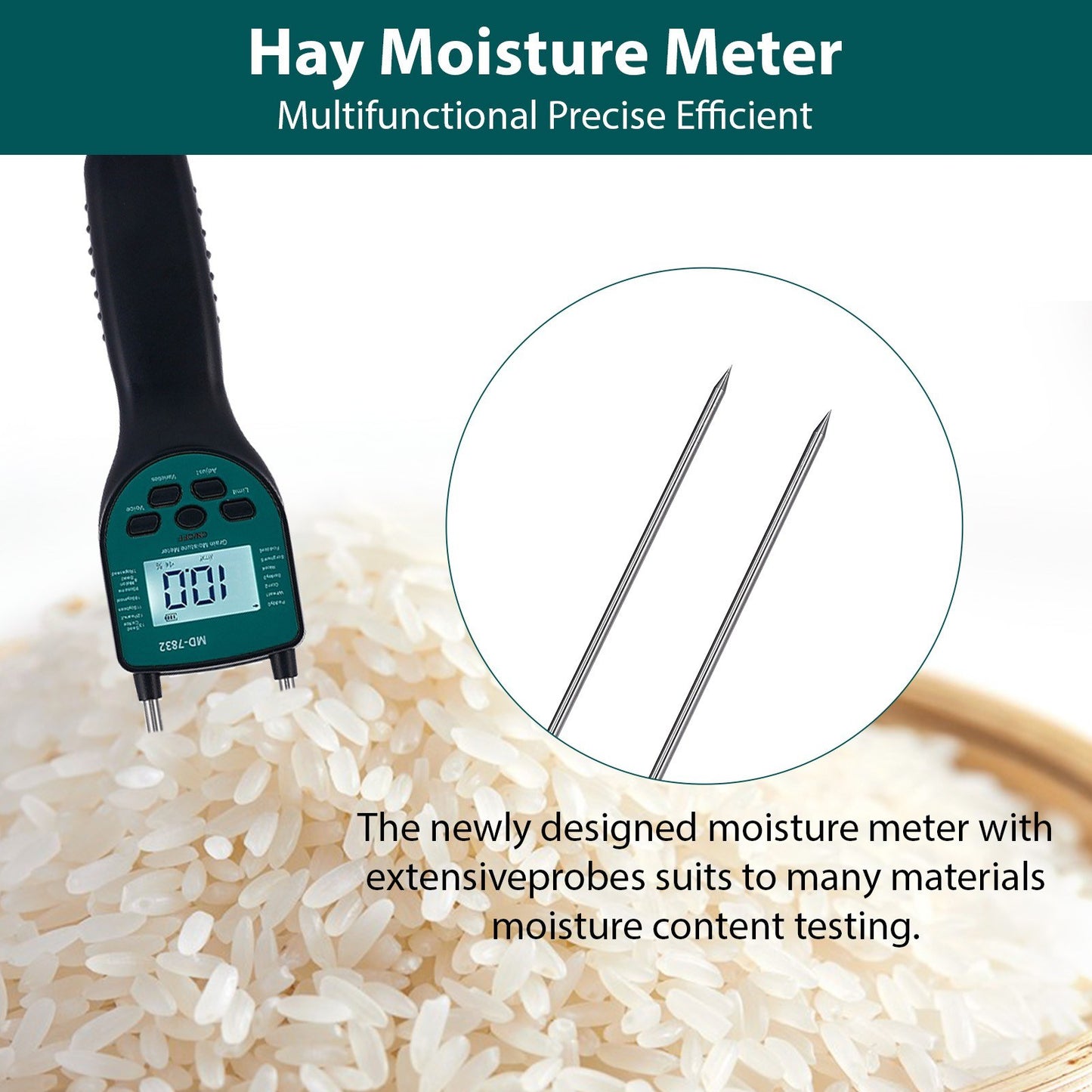 Dual-Rod Hay Bale Moisture Meter with LCD Display for Paddy, Wheat, Corn, Barley, Rice