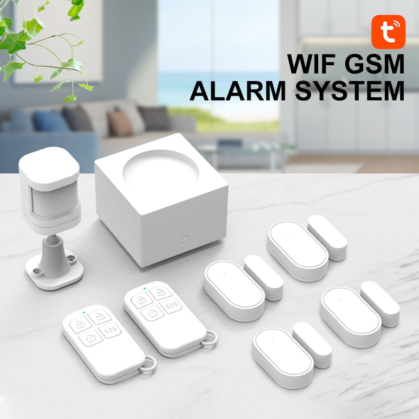 Smart WiFi Alarm System with TY APP: 8-Piece Home Security Kit with Door/Window Sensor, PIR Motion Sensor, and Remote Control - Supports 11 Languages