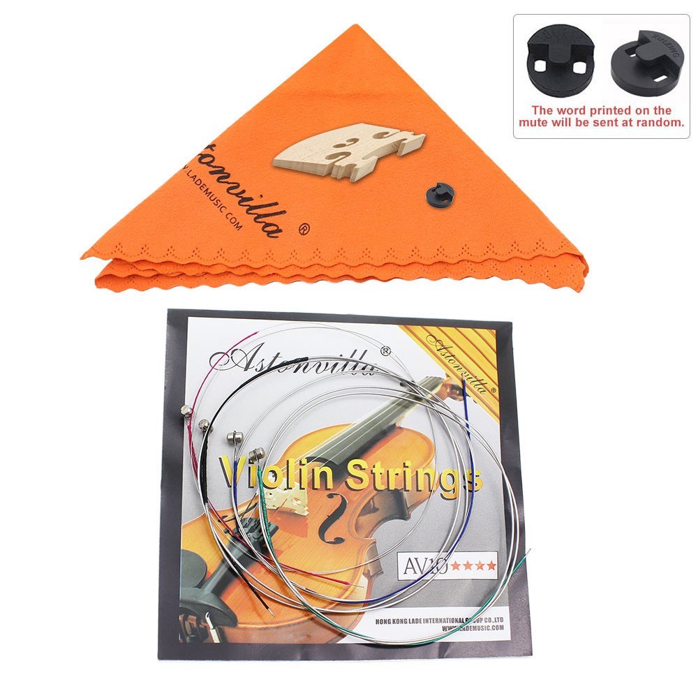 Violin String Set: 4-in-1 Kit with Rubber Mute, Maple 4/4 Bridge, Cleaning Cloth