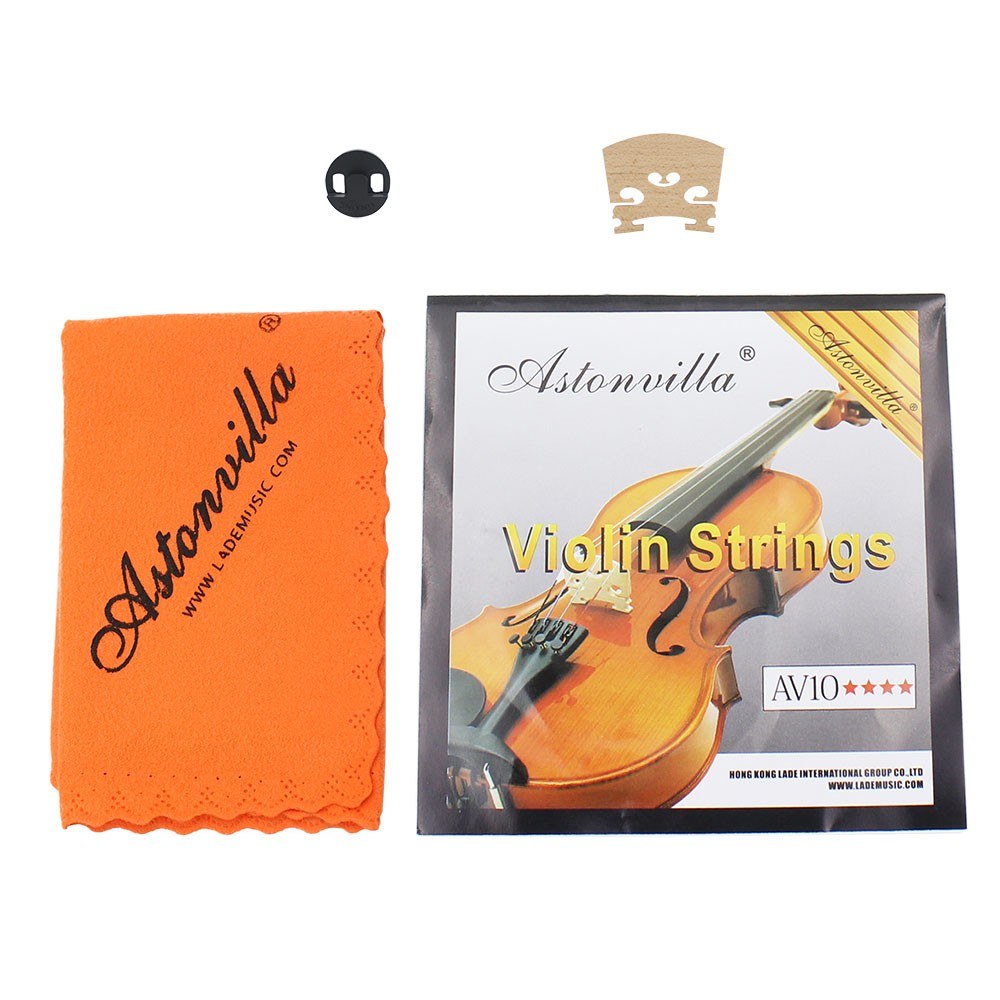 Violin String Set: 4-in-1 Kit with Rubber Mute, Maple 4/4 Bridge, Cleaning Cloth