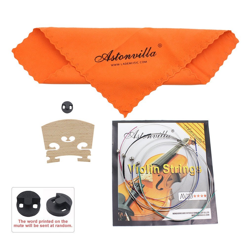 Violin String Set: 4-in-1 Kit with Rubber Mute, Maple 4/4 Bridge, Cleaning Cloth