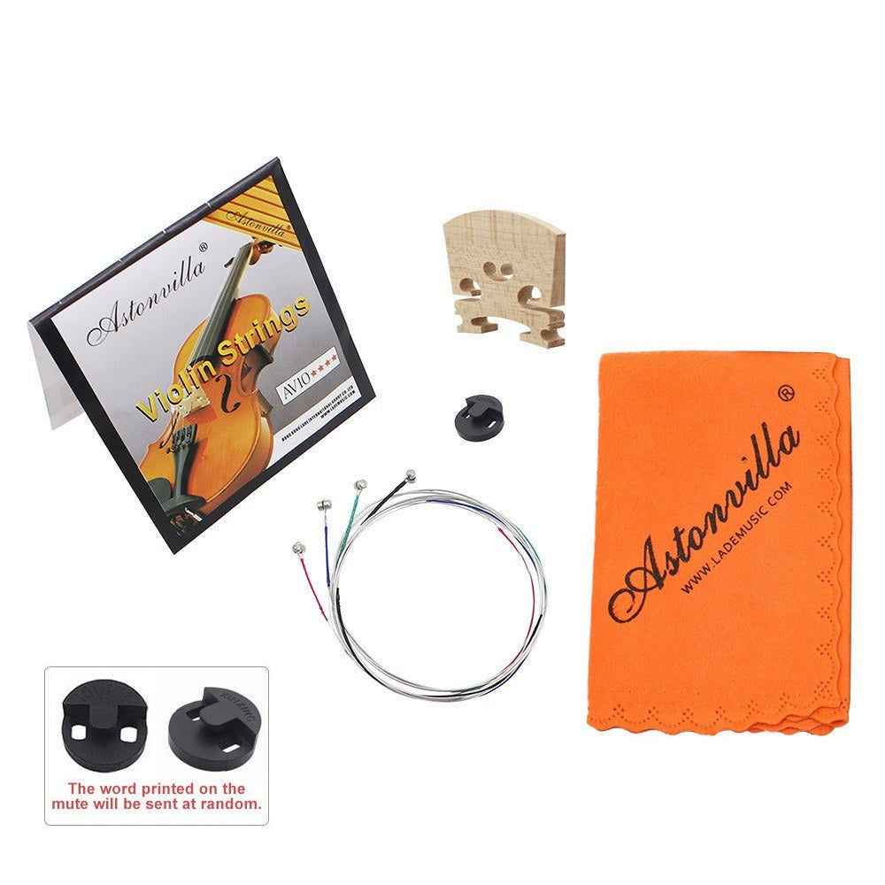 Violin String Set: 4-in-1 Kit with Rubber Mute, Maple 4/4 Bridge, Cleaning Cloth