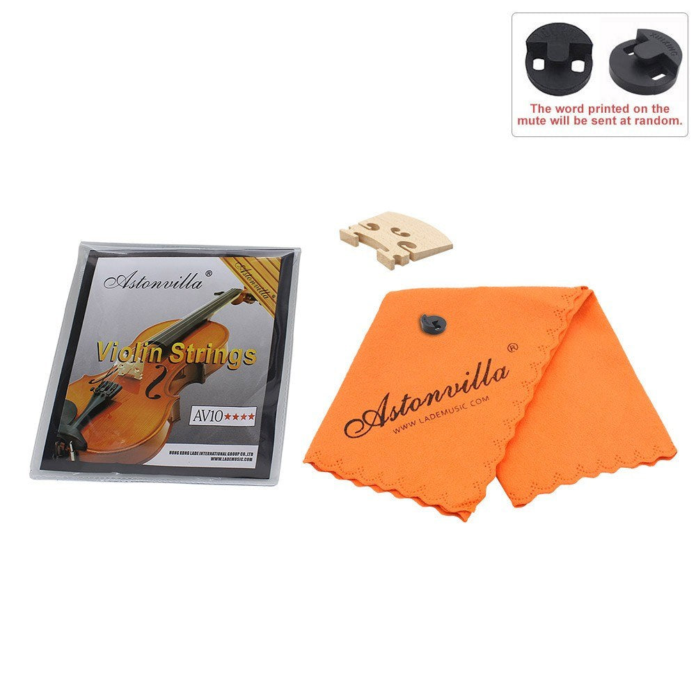 Violin String Set: 4-in-1 Kit with Rubber Mute, Maple 4/4 Bridge, Cleaning Cloth