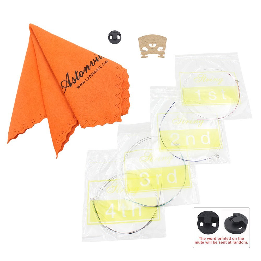 Violin String Set: 4-in-1 Kit with Rubber Mute, Maple 4/4 Bridge, Cleaning Cloth