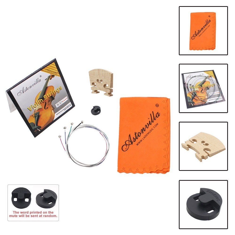 Violin String Set: 4-in-1 Kit with Rubber Mute, Maple 4/4 Bridge, Cleaning Cloth