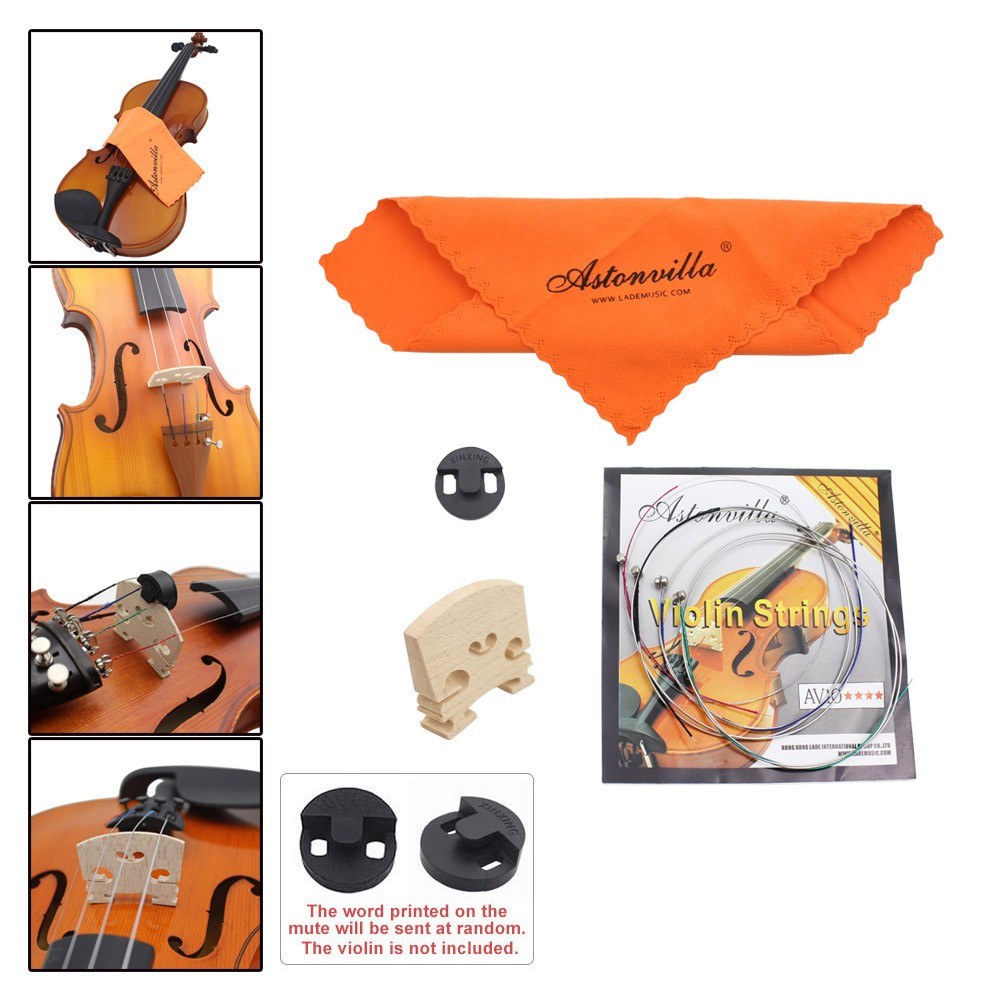Violin String Set: 4-in-1 Kit with Rubber Mute, Maple 4/4 Bridge, Cleaning Cloth