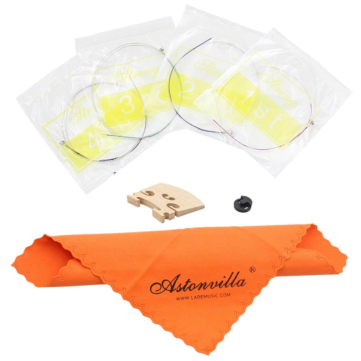 Violin String Set: 4-in-1 Kit with Rubber Mute, Maple 4/4 Bridge, Cleaning Cloth