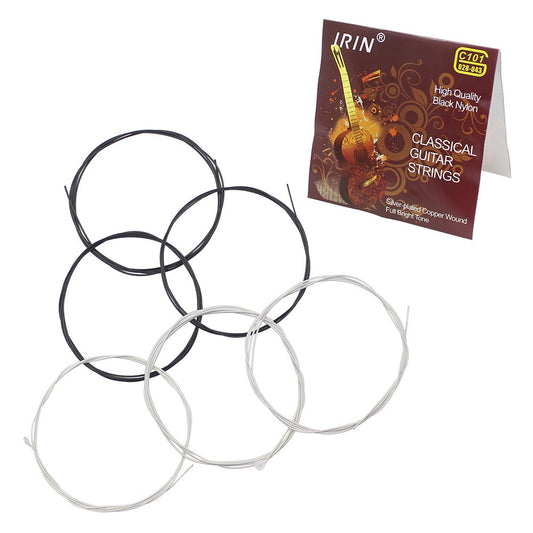 Classical Guitar Strings Set: Silver-Plated Copper Wound, Black Nylon Core, 6pcs (.028-.043)