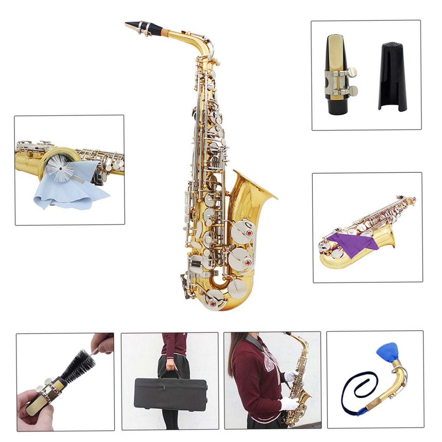 Glossy Brass Eb E-Flat Alto Saxophone with White Shell Button