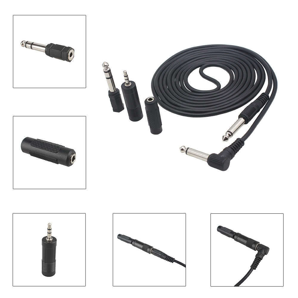 Guitar Audio Cable 10ft 1/4-Inch Straight to Right Angle Plug Black with 3 Adapters