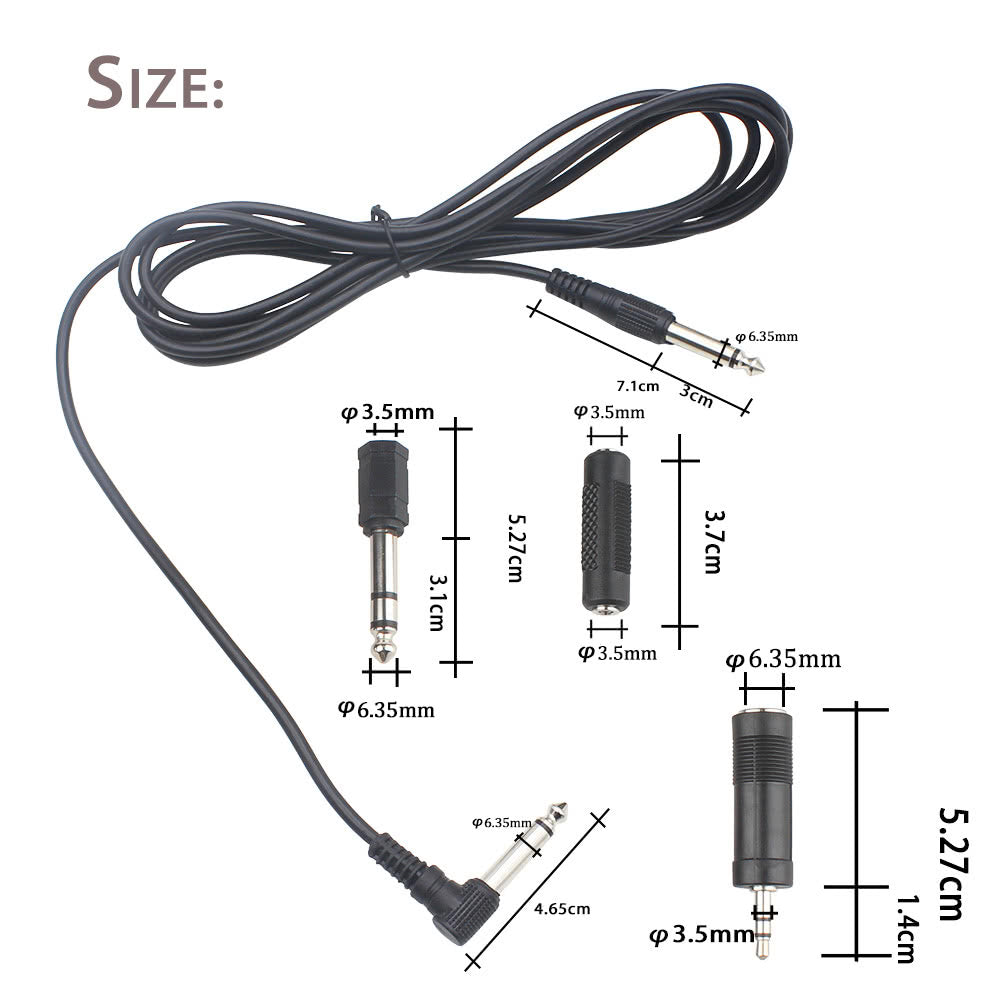 Guitar Audio Cable 10ft 1/4-Inch Straight to Right Angle Plug Black with 3 Adapters