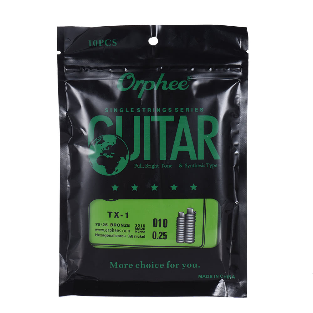 Orphee TX-1 Acoustic Folk Guitar 1st E-String Replacement (.010) 10-Pack, High-Carbon Steel Core, 75/25 Phosphor Bronze, Extra Light Tension