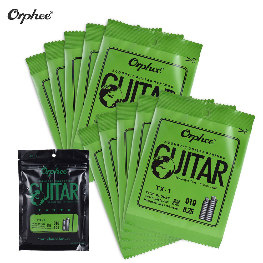 Orphee TX-1 Acoustic Folk Guitar 1st E-String Replacement (.010) 10-Pack, High-Carbon Steel Core, 75/25 Phosphor Bronze, Extra Light Tension