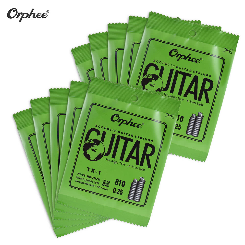 Orphee TX-1 Acoustic Folk Guitar 1st E-String Replacement (.010) 10-Pack, High-Carbon Steel Core, 75/25 Phosphor Bronze, Extra Light Tension
