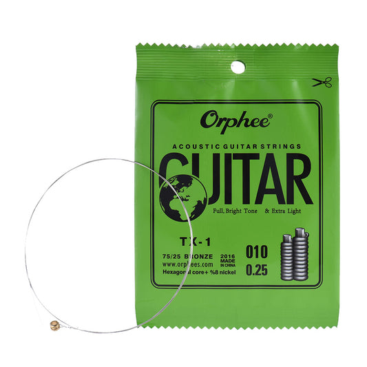 Orphee TX-1 Acoustic Folk Guitar 1st E-String Replacement (.010) 10-Pack, High-Carbon Steel Core, 75/25 Phosphor Bronze, Extra Light Tension