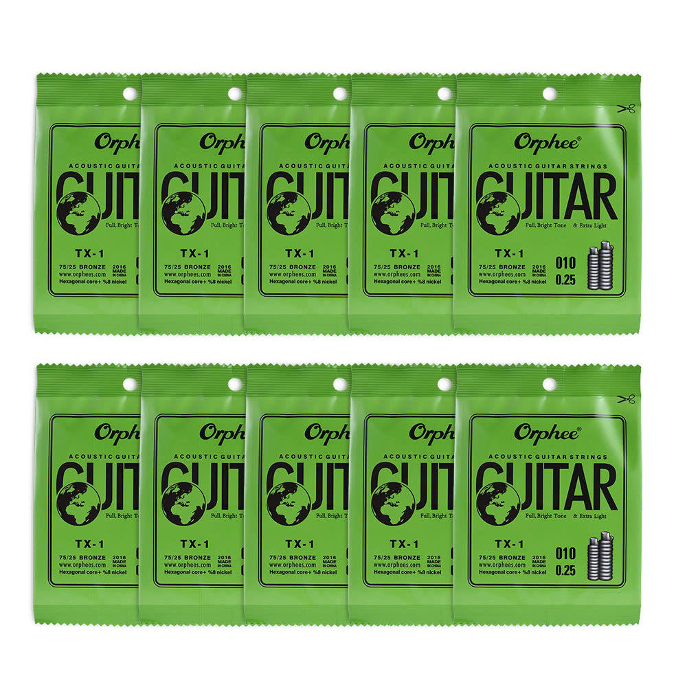 Orphee TX-1 Acoustic Folk Guitar 1st E-String Replacement (.010) 10-Pack, High-Carbon Steel Core, 75/25 Phosphor Bronze, Extra Light Tension
