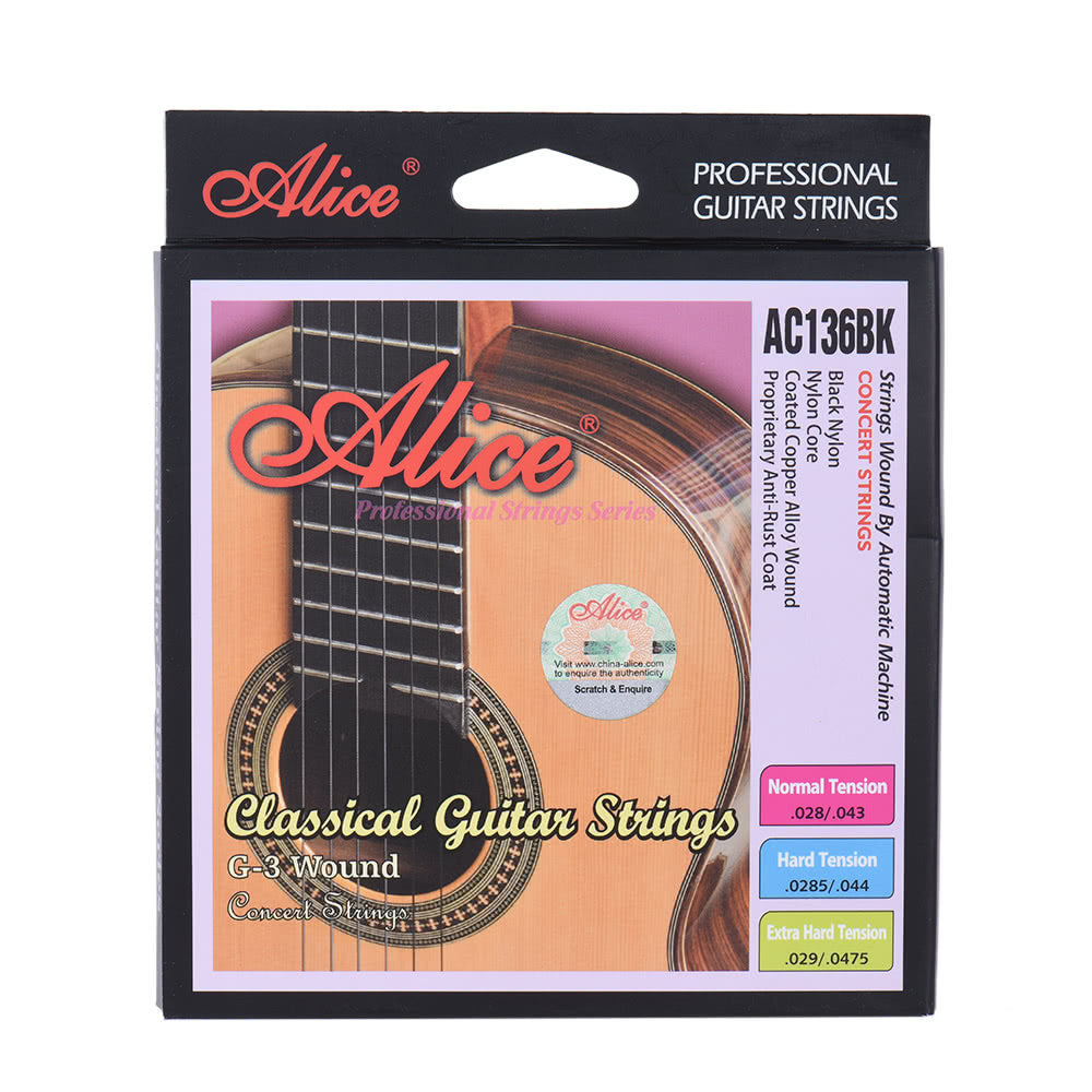 Alice AC136BK-H Classical Guitar Strings - Black Nylon, Hard Tension, 6pcs (.0285-.044) + Free G-3rd String