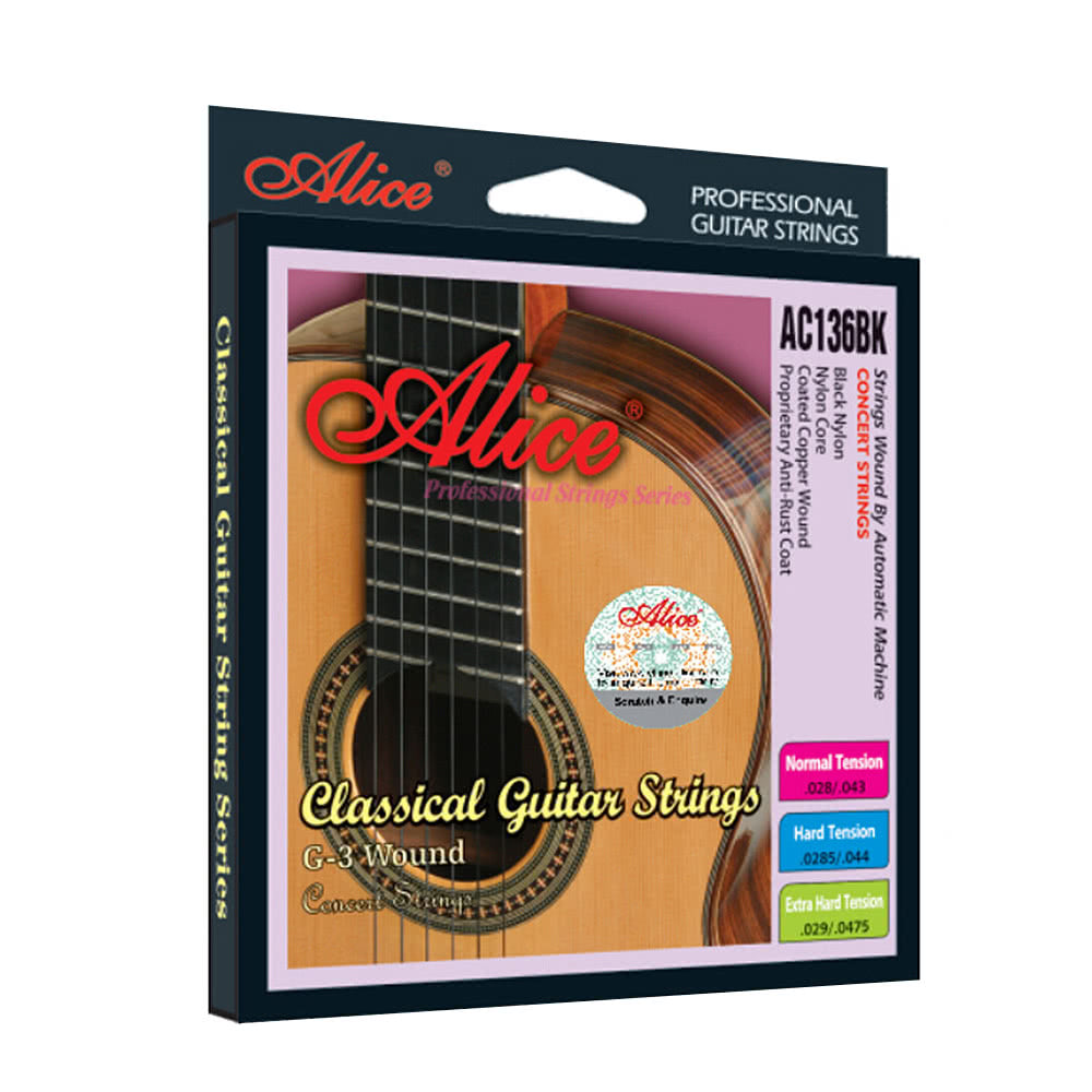 Alice AC136BK-H Classical Guitar Strings - Black Nylon, Hard Tension, 6pcs (.0285-.044) + Free G-3rd String