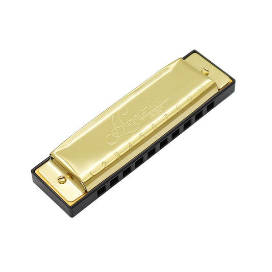 Beginners 10-Hole Diatonic Blues Harmonica, 20 Tone, Key of C, Gold with Case