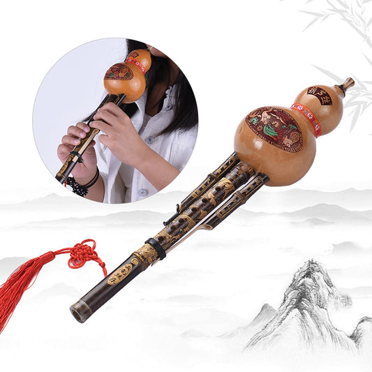 Handmade Chinese Black Bamboo Hulusi Flute, Key of C with Case for Beginners