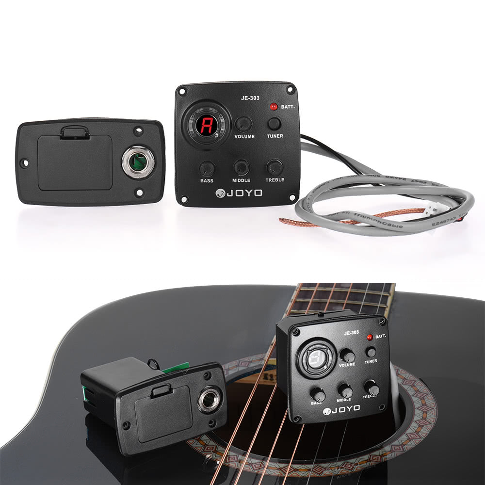 JOYO JE-303 Acoustic Guitar Preamp with 3-Band EQ, Piezo Pickup & LCD Tuner Display