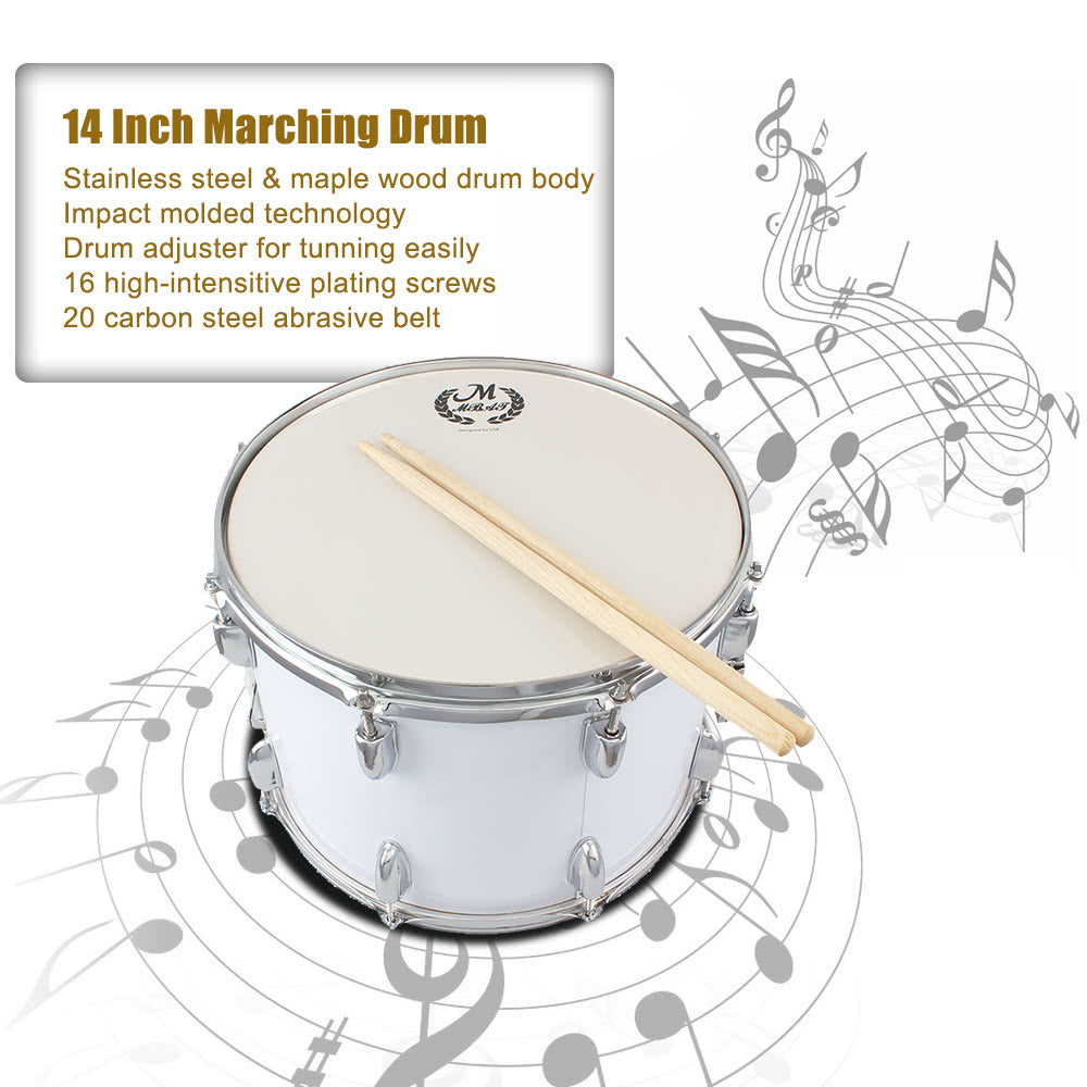 14 Stainless Steel & Maple Marching Drum with PVC Drumhead, Sticks, Strap & Key for Students & Professionals