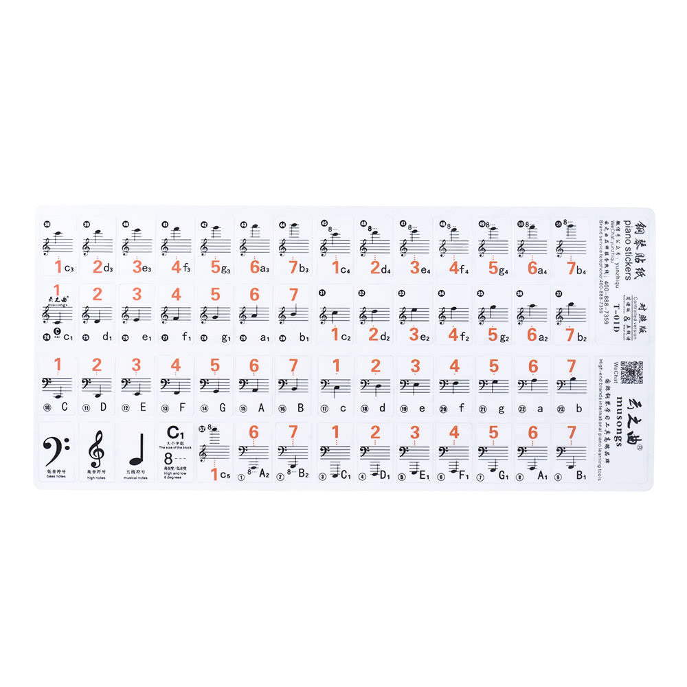 Transparent 88-Key Piano Stave Notation Sticker & Sheet Music for White Keys