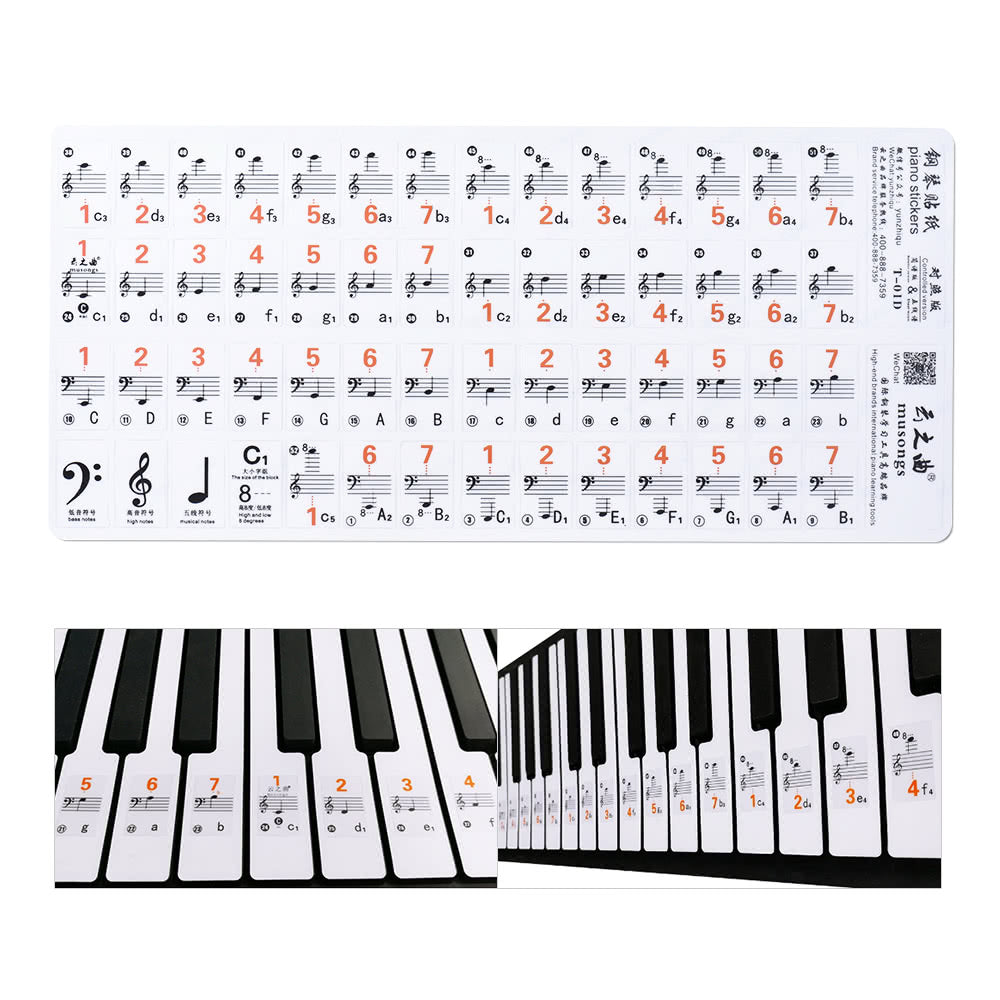 Transparent 88-Key Piano Stave Notation Sticker & Sheet Music for White Keys