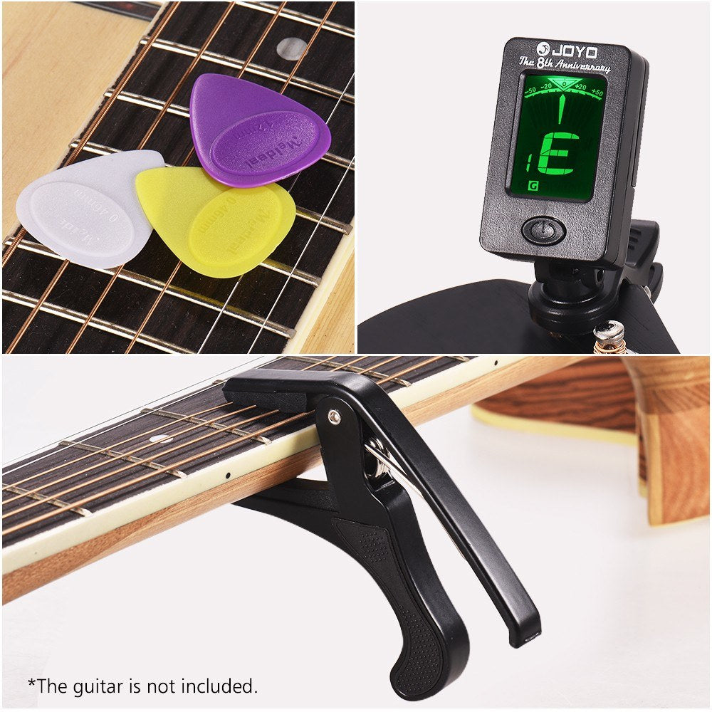 Beginner Guitar Accessory Kit: Clip-on LCD Tuner, Lightweight Capo, 3 Guitar Picks