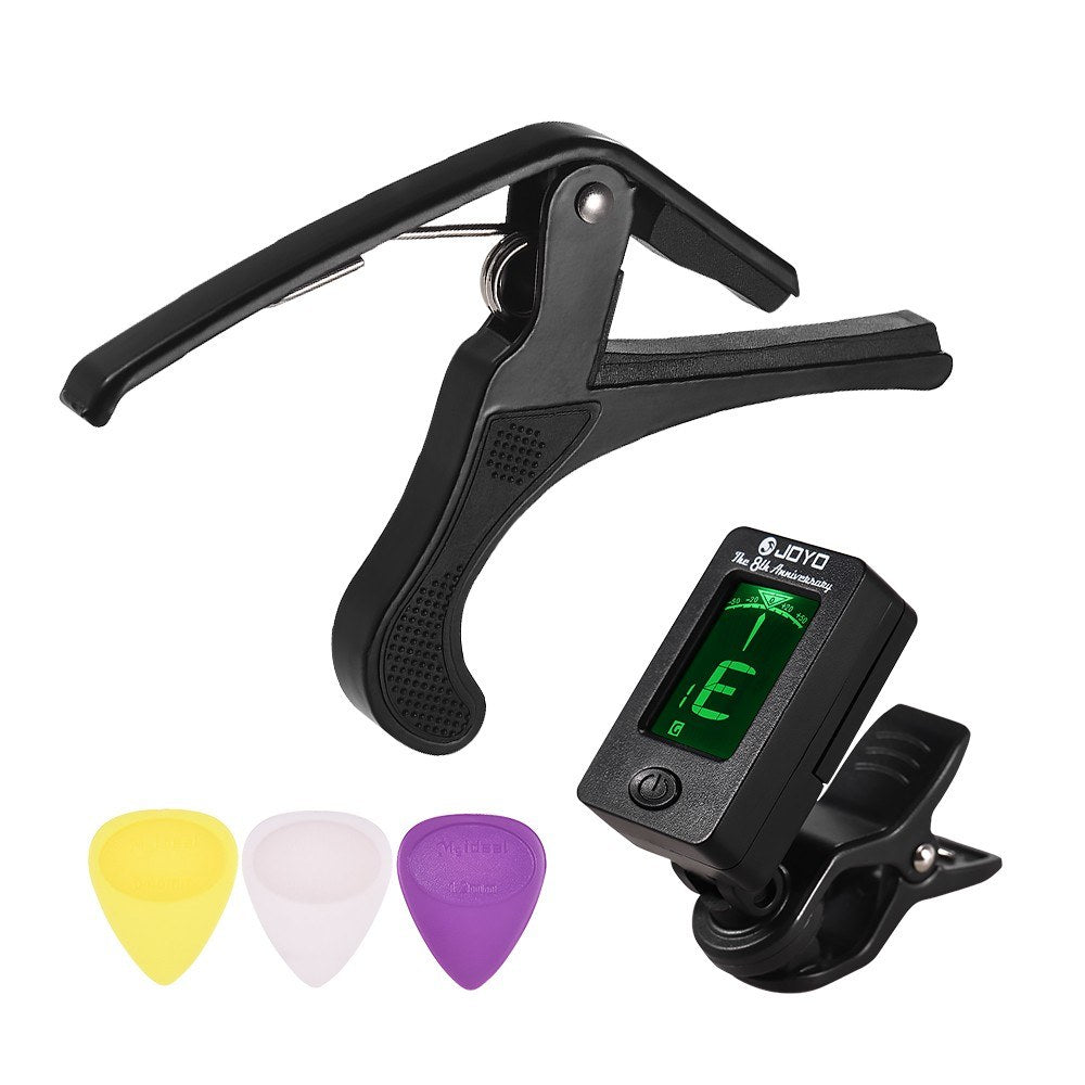 Beginner Guitar Accessory Kit: Clip-on LCD Tuner, Lightweight Capo, 3 Guitar Picks