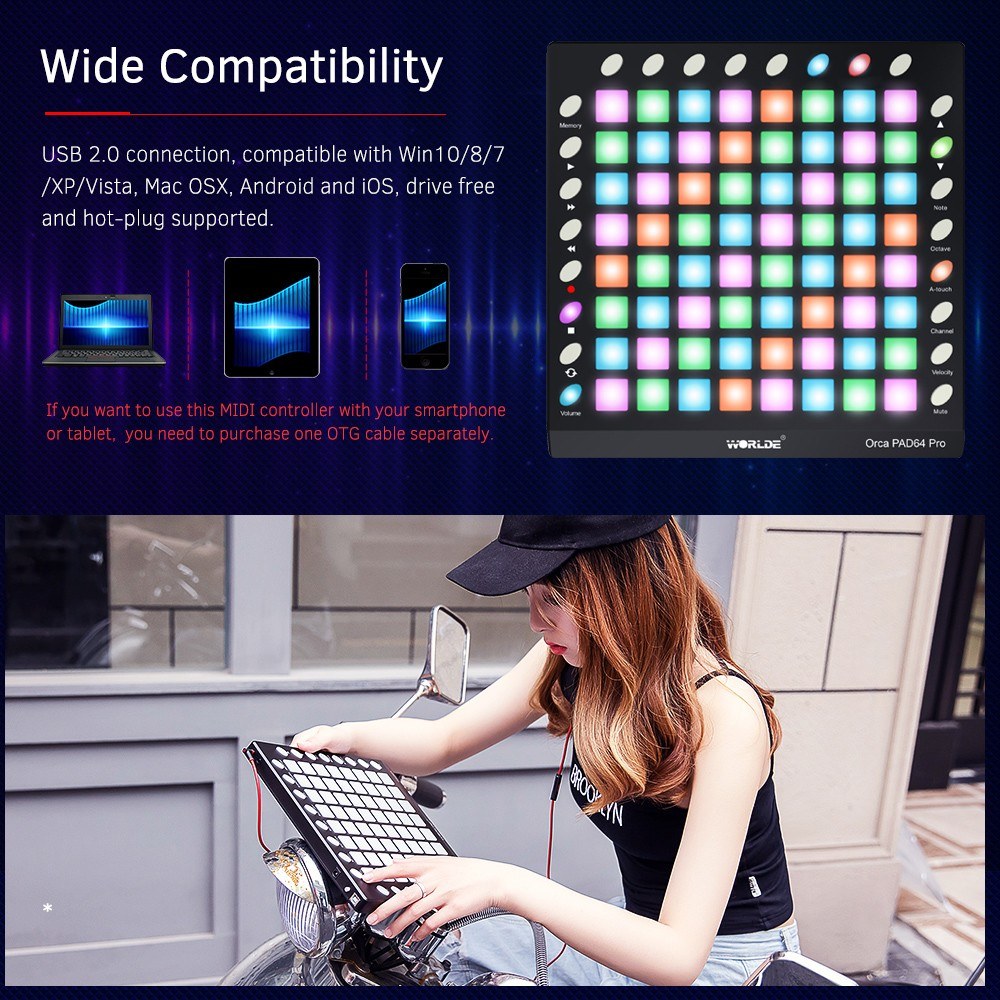 Portable WORLDE ORCA PAD64 USB MIDI Drum Pad Controller