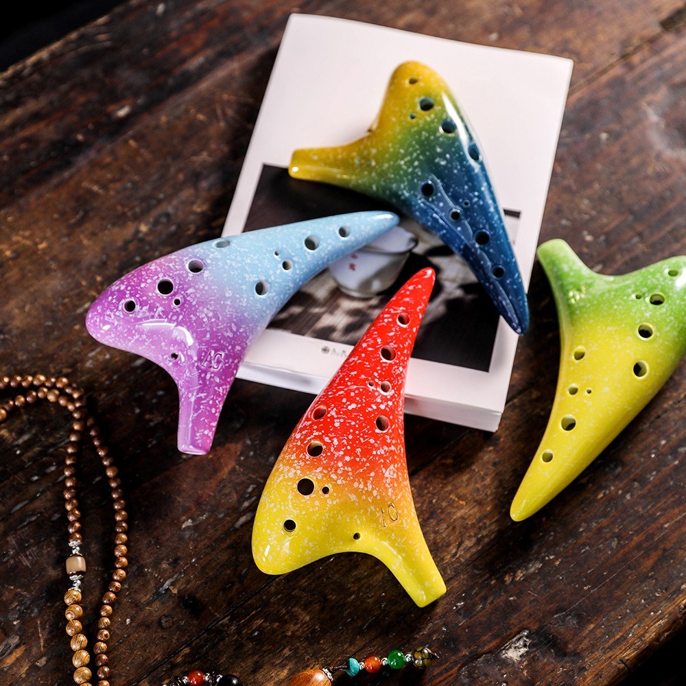Starry Style 12-Hole Ceramic Alto C Ocarina - Musical Instrument with Lanyard, Music Score & Protective Bag for Music Lovers & Learners