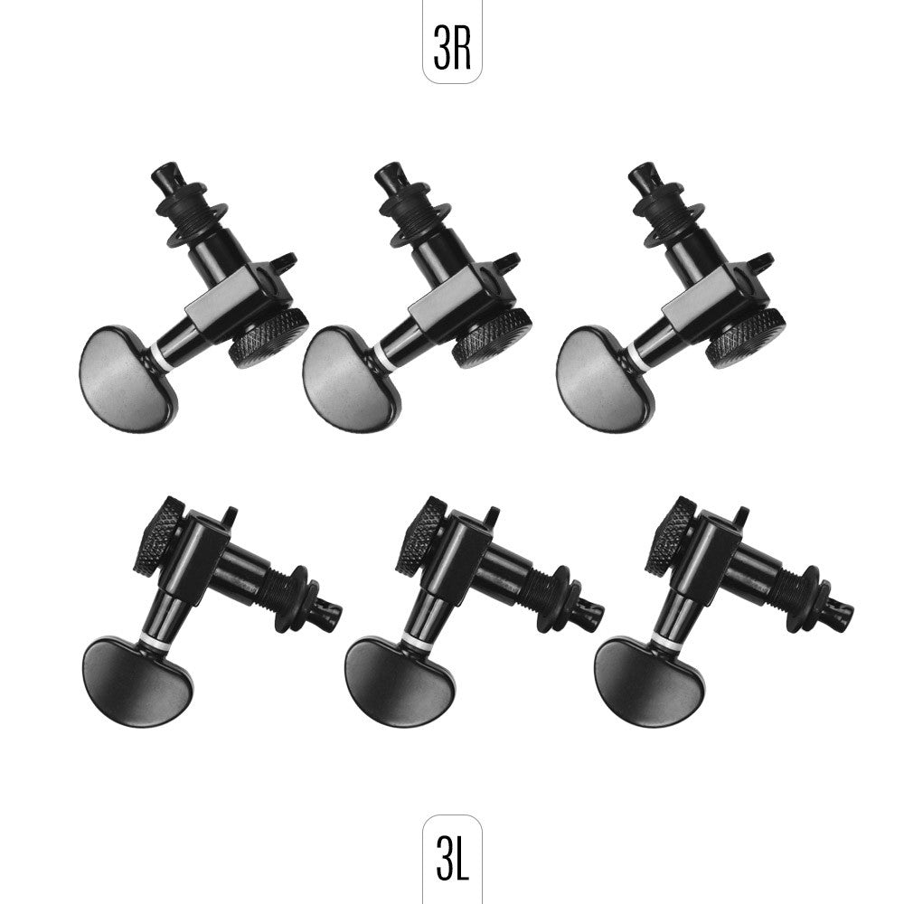 Black Locking Tuners 6-Pack (3L3R) for Electric Guitar with Mounting Screws and Ferrules - Alloy Metal Tuning Pegs