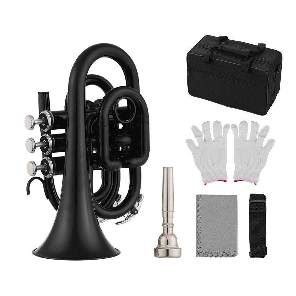 Muslady Bb Mini Pocket Trumpet - Brass Wind Instrument with Mouthpiece, Gloves, Cleaning Cloth & Case