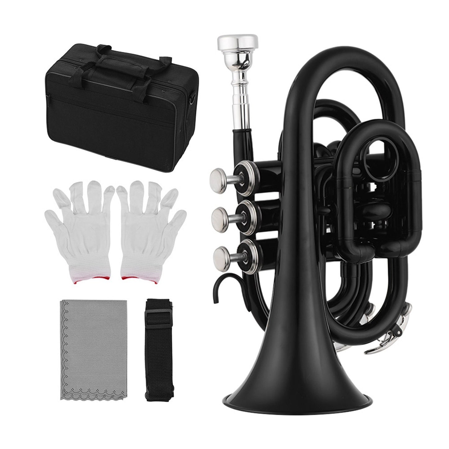 Muslady Bb Mini Pocket Trumpet - Brass Wind Instrument with Mouthpiece, Gloves, Cleaning Cloth & Case