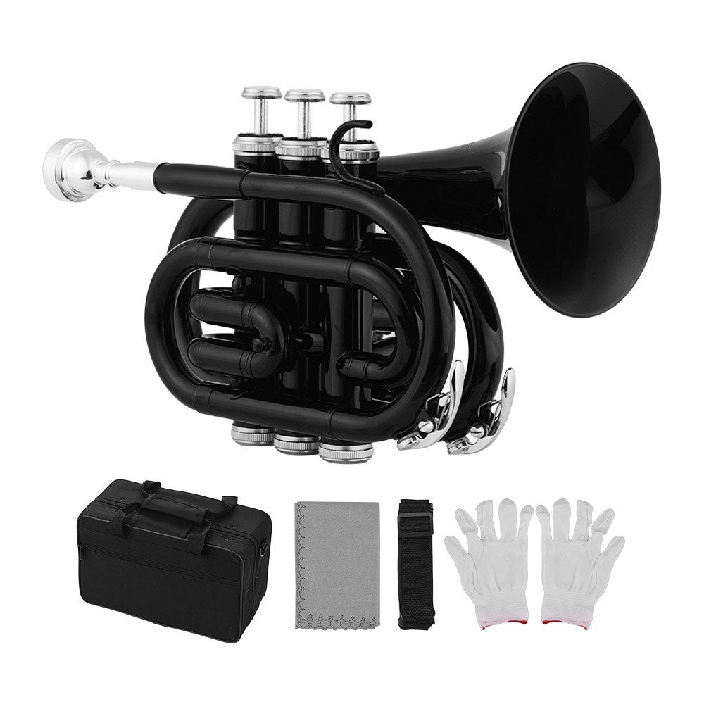 Muslady Bb Mini Pocket Trumpet - Brass Wind Instrument with Mouthpiece, Gloves, Cleaning Cloth & Case
