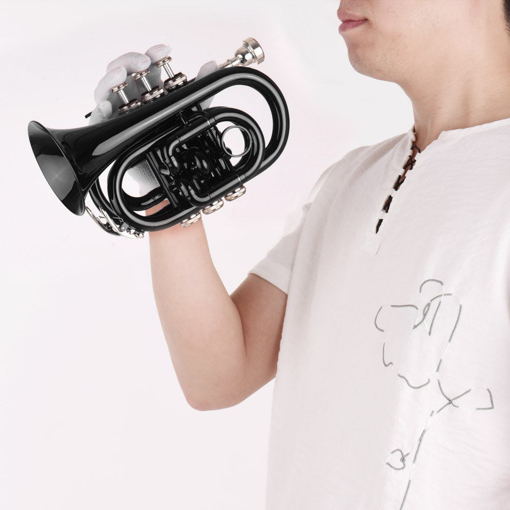 Muslady Bb Mini Pocket Trumpet - Brass Wind Instrument with Mouthpiece, Gloves, Cleaning Cloth & Case