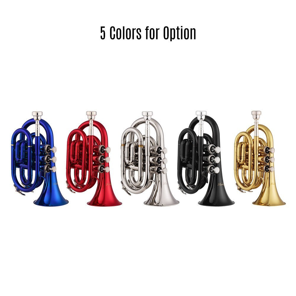 Muslady Bb Mini Pocket Trumpet - Brass Wind Instrument with Mouthpiece, Gloves, Cleaning Cloth & Case