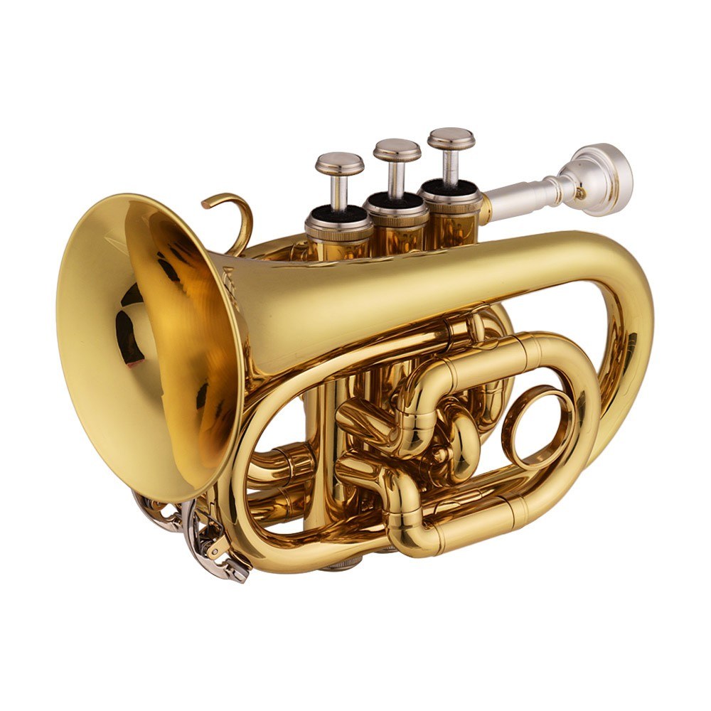Muslady Bb Mini Pocket Trumpet - Brass Wind Instrument with Mouthpiece, Gloves, Cleaning Cloth & Case